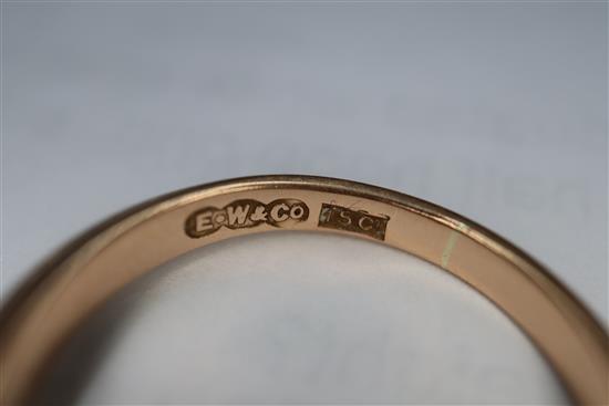 A Victorian 15ct, graduated white opal, split pearl and topaz? set half hoop ring, size O.